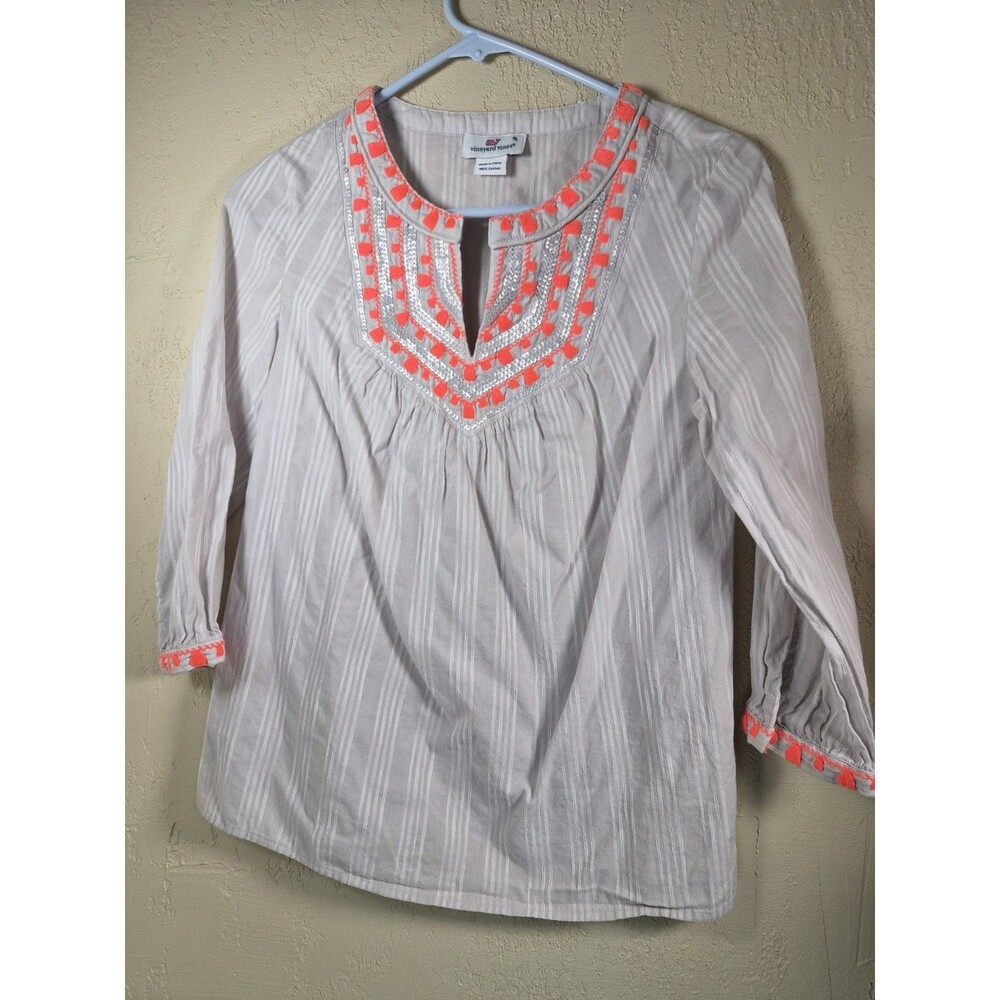 Vineyard Vines Savannah Popover Tunic Top XXS Beige Embroidered 3/4 Sleeve VNeck